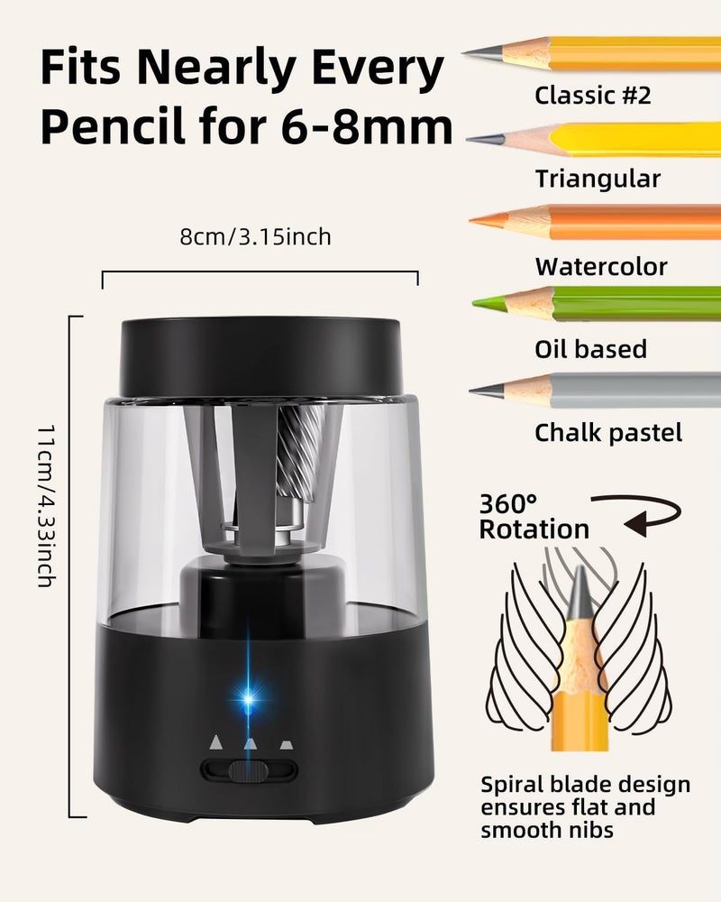 Zmol Electric Pencil Sharpener, Automatic Pencil Sharpeners Kids, Battery Rechargeable Pencil Sharpeners for Colored Pencils, Auto Stop, Suitable for No.2(6-8mm), School/Home - Image 3